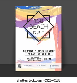 Night Beach Party Flyer, Template or Banner design with abstract colorful brush strokes.