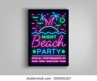 Night beach party poster. Summer party, neon style flyer, palm beach, musical night posters template, bright neon advertising party, nightclub, concert, disco. Vector Illustrations
