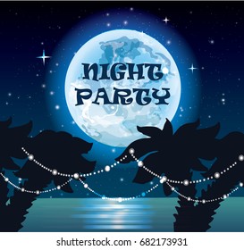 night beach party silhouettes of the palm trees , moon , starry sky, lanterns, vector illustration, suitable for the design of flyers and banners