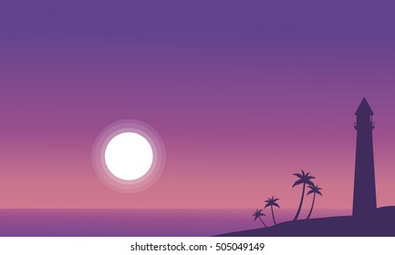 At night beach scenery with lighthouse silhouettes vector