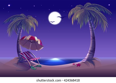 Night beach. Sea, moon, palm trees and sand. Romantic summer vacation. Illustration in vector format