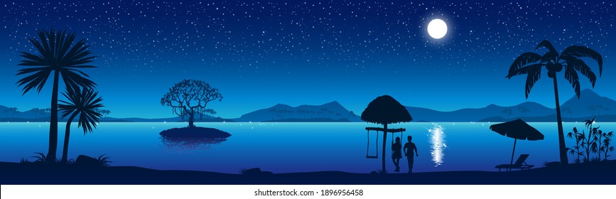 Night beach with a starry sky. A couple in love on the seashore. Stock vector illustration. Panoramic wallpaper with seascape. eps 10 vector 