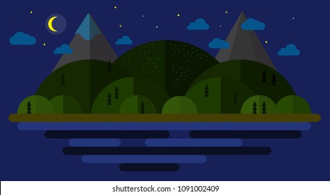 Night beach summer vector illustration for your web site, flyer or postcard, modern flat design conceptual landscapes with sea, beach, hills and mountains.