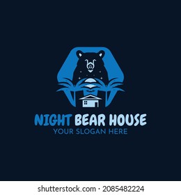Night bear house logo vector, Perfect to use for pets, construction, real estate or anything related to bear and house animal character.