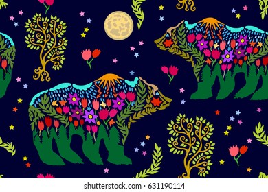 Night bears. Colorful illustration inspired by folk art. Seamless vector pattern with animals, trees, sky and stars.