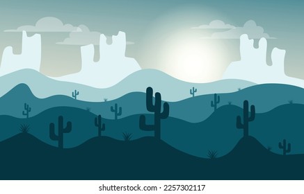 Night Beautiful landscape of desert with mountains, sand dune, sun. Trendy illustration for postcards, wallpaper, banners. Panorama view of wild nature. Vector illustration