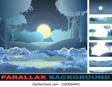 Night beautiful rural landscape. Set parallax effect. Cartoon style. Hills grass and dark trees. Moon and moonlight. Lush meadows. Distant. Flat design illustration. Vector art