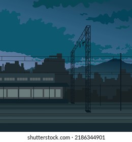 Night beautiful view of a railway station on the backdrop of city and mountains before sunrise. Urban picture as poster, cover, wallpaper or background.