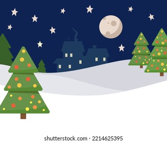 Night in beautiful winter forest with Christmas trees and houses. Cartoon winter night landscape. Vector illustration