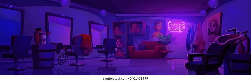 Night beauty salon interior design. Vector cartoon illustration of dark barbershop room with mirrors on wall, hairdresser armchair, hair dye boxes on shelves, shampoo bottles, neon lamp on wall