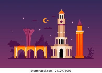 Night beauty of Turkey - modern colored vector illustration with dark streets illuminated by moonlight. Hadrians Gate, Saat Kulesi clock tower and Yivli Minaret. Ancient architecture buildings