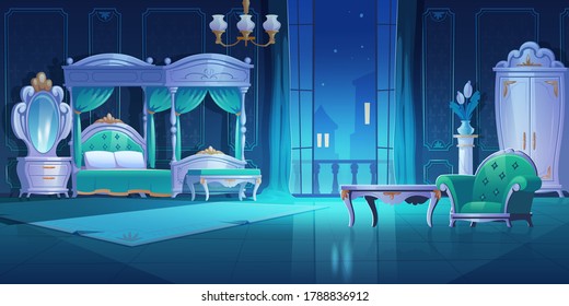 Night bedroom, baroque style interior, vintage room with luxury furniture bed with canopy, lamp, wardrobe, mirror, table and armchair, dark apartment with open balcony door cartoon vector illustration