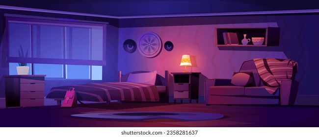 Night bedroom interior with bed and couch cartoon background. Cozy home room to sleep with nightstand, drawers, and carpet design scene for indoor game environment. Lamp glow in dark flat inside.