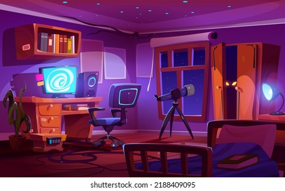 Night bedroom interior with computer, telescope, bookshelf, plant and monster eyes in cupboard. Home cabinet, student, teenager or freelancer workplace, house room with bed Cartoon vector illustration