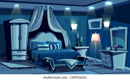 Night bedroom with lamps light illumination vector illustration. Vintage or modern comfortable cozy hotel or luxury apartment room interior, bed canopy or blanket, carpet and sconces on walls