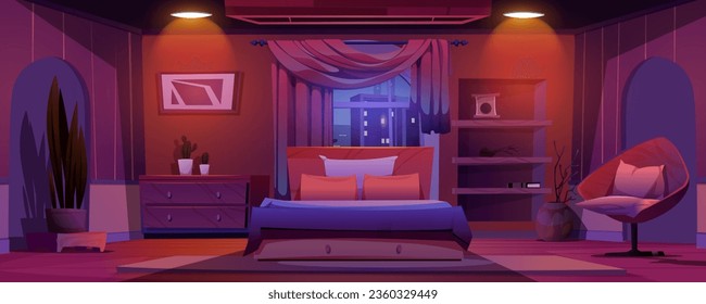 Dormitorio nocturno con fondo de dibujos animados en la ventana y el paisaje urbano. Acogedor dormitorio en el interior de la habitación. No hay nadie dentro de un moderno apartamento de hotel con planta, sillón, alfombra y diseño de rascacielos de la ciudad.