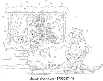 The night before Christmas, a little boy looking through a window at Santa Claus skiing with a sledge and his big bag of holiday gifts, black and white outline vector cartoon illustration