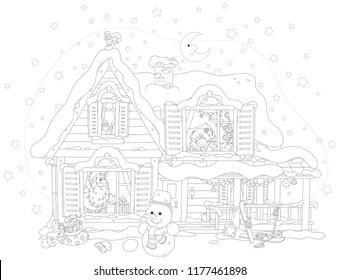 The night before Christmas, Santa Claus with his gifts for a little girl in a snow-covered house, black and white vector illustration