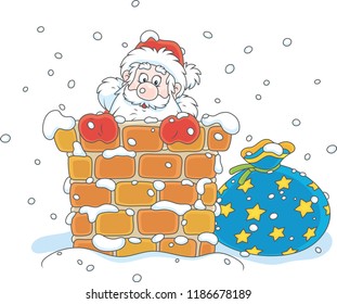 The night before Christmas, Santa Claus looking out of a chimney on a snow-covered roof