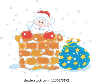The night before Christmas, Santa Claus looking out of a chimney on a snow-covered roof