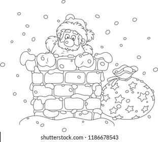 The night before Christmas, Santa Claus looking out of a chimney on a snow-covered roof. Black and white vector illustration