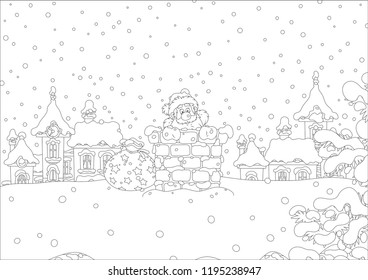 The night before Christmas, Santa Claus looking out of a chimney on a snow-covered roof. Black and white vector illustration