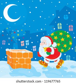 The night before Christmas, Santa Claus with his bag of presents going to a chimney on a snow-covered housetop