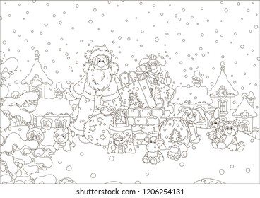 The night before Christmas, Santa Claus with his gifts near a chimney on a snow-covered roof, black and white vector illustration