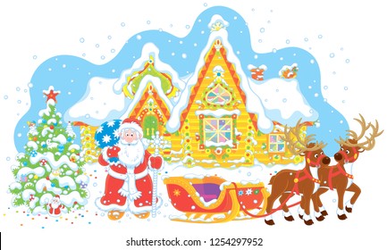The night before Christmas. Santa Claus with a big bag of Christmas presents standing near his sleigh with reindeers before the magic journey around the world, vector illustration in a cartoon style