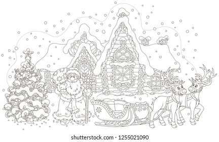 The night before Christmas. Santa Claus with a big bag of gifts standing near a decorated fir-tree and his sleigh with reindeers before the magic journey around the world, vector illustration