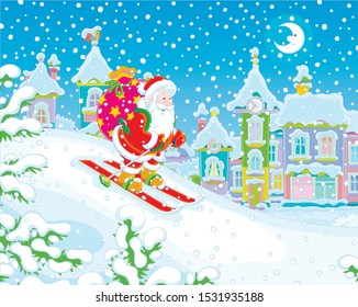 The night before Christmas, Santa Claus with his big bag of gifts skiing down a snow hill to a small snow-covered town, vector illustration in a cartoon style