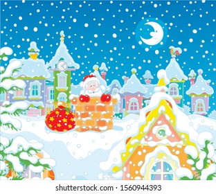 The night before Christmas, Santa Claus looking out of a chimney on a snow-covered roof, vector cartoon illustration
