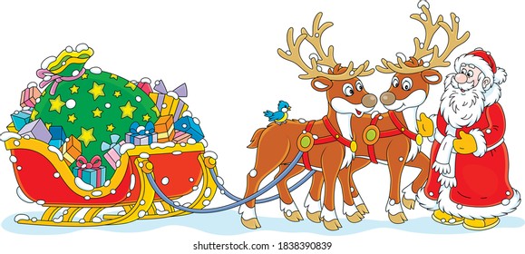 The night before Christmas, Santa Claus with a big bag of Christmas presents in his sleigh with reindeers beginning a magic journey around the world, vector cartoon illustration on a white background