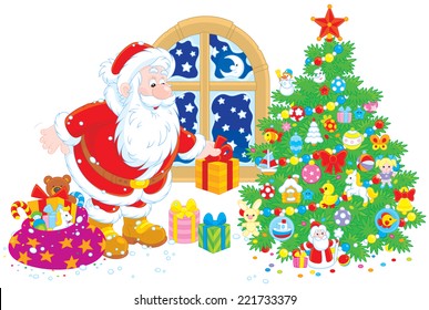 The night before Christmas, Santa Claus putting his holiday gifts under a decorated fir