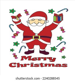 The night before Christmas, Santa Claus with a big bag of Christmas presents in his sleigh with reindeers beginning a magic journey around the world, black and white outline vector cartoon