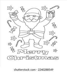 The night before Christmas, Santa Claus with a big bag of Christmas presents in his sleigh with reindeers beginning a magic journey around the world, black and white outline vector cartoon