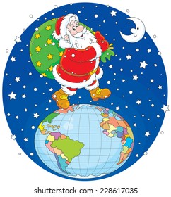 The night before Christmas, Santa Claus walking on the globe and carrying his big bag of presents