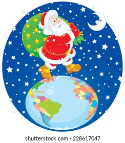 The night before Christmas, Santa Claus walking on the globe and carrying his big bag of presents