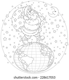 The night before Christmas, Santa Claus walking on the globe and carrying his big bag of presents