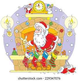 The night before Christmas, Santa Claus peeping out of the fireplace and putting his holiday gifts into decorated socks