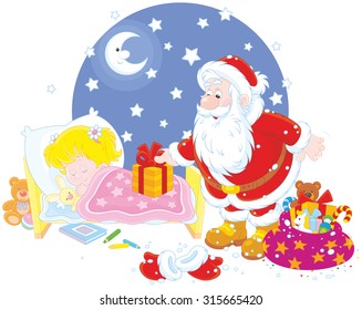 The night before Christmas, Santa Claus putting his presents near the bed of a sleeping girl