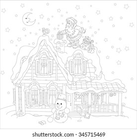 The night before Christmas, Santa Claus putting his holiday presents in a chimney on a snow-covered roof of a house, a black and white vector illustration