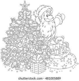 The night before Christmas, Santa Claus with his holiday gifts and a festively decorated fir