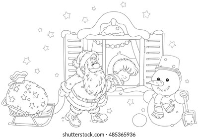 The night before Christmas, Santa Claus bringing his holiday presents for a little boy sleeping in his bedroom