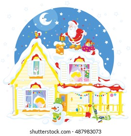 The night before Christmas, Santa Claus on the snow covered housetop with his holiday gifts for little children