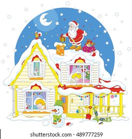 The night before Christmas, Santa Claus on the snow covered housetop with his holiday gifts for little children