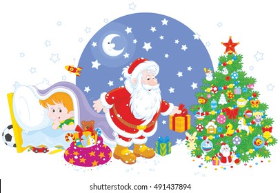 The night before Christmas, Santa Claus putting his holiday gifts under a decorated tree for a little boy who spying behind him from under a blanket