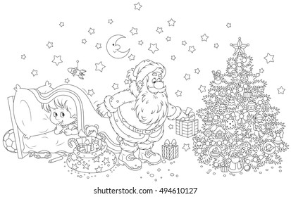 The night before Christmas, Santa Claus putting his holiday gifts under a decorated tree for a little boy who spying behind him from under a blanket