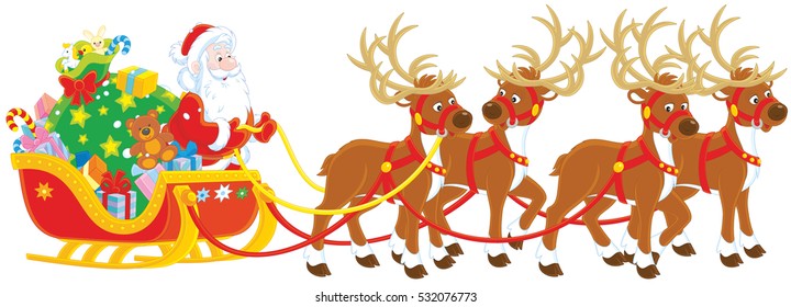 The night before Christmas, Santa Claus with a big bag of Christmas gifts in his sleigh with reindeers beginning his magic journey round the world
