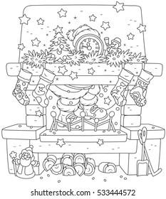 The night before Christmas, Santa Claus with a gift bag squeezing through the chimney of a decorated fireplace